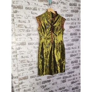Good Orient Dress Silk Blend Olive Green 6 Dragon Fly Cheongsam Qipao Unique